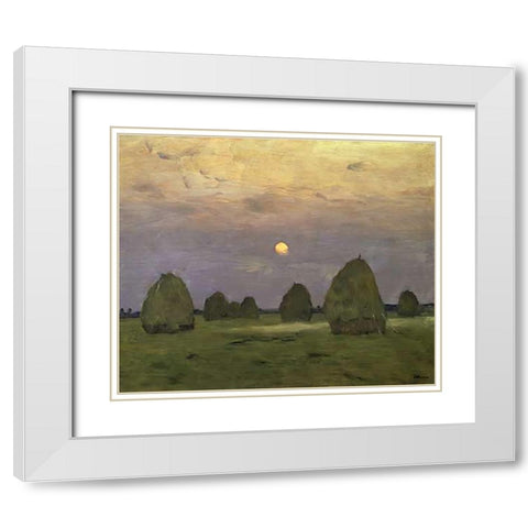 Haystacks Twilight, 1899 White Modern Wood Framed Art Print with Double Matting by Levitan, Isaac