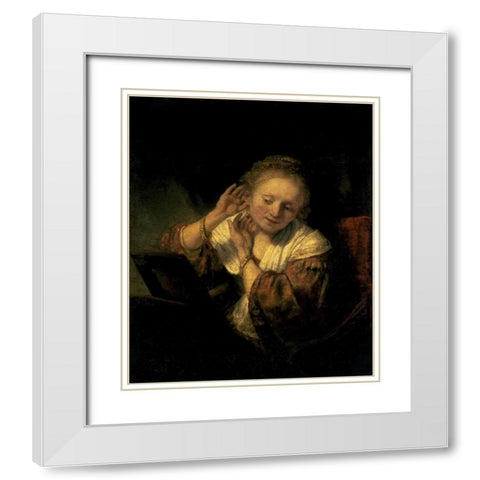 Young Woman Trying Earrings, 1654 White Modern Wood Framed Art Print with Double Matting by Rembrandt
