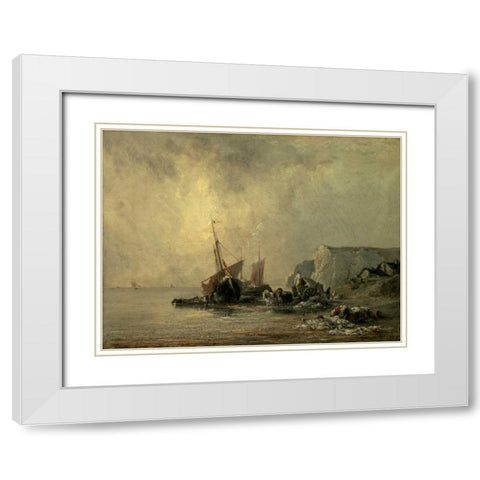 Boats by the Normandy Shore White Modern Wood Framed Art Print with Double Matting by Bonington, Richard Parkes