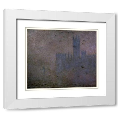 Houses of Parliament, Seagulls, 1904 White Modern Wood Framed Art Print with Double Matting by Monet, Claude