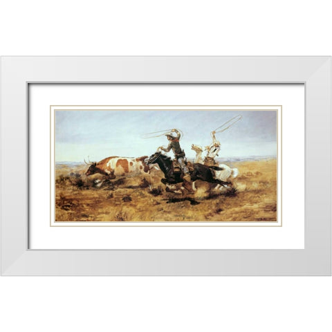 O. H. Cowboys Roping a Steer White Modern Wood Framed Art Print with Double Matting by Russell, Charles M.