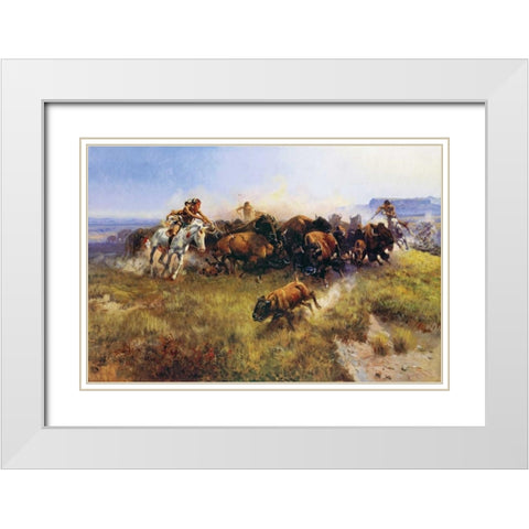 The Buffalo Hunt White Modern Wood Framed Art Print with Double Matting by Russell, Charles M.