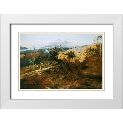 The Elk White Modern Wood Framed Art Print with Double Matting by Russell, Charles M.