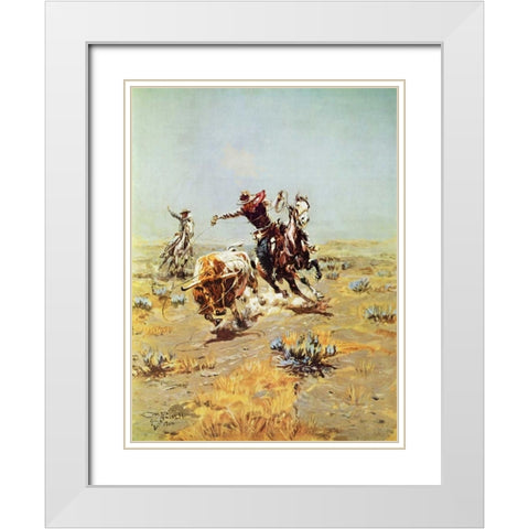 Cowboy Roping A steer White Modern Wood Framed Art Print with Double Matting by Russell, Charles M.