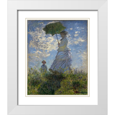 Woman with a Parasol - Madame Monet and Her Son White Modern Wood Framed Art Print with Double Matting by Monet, Claude
