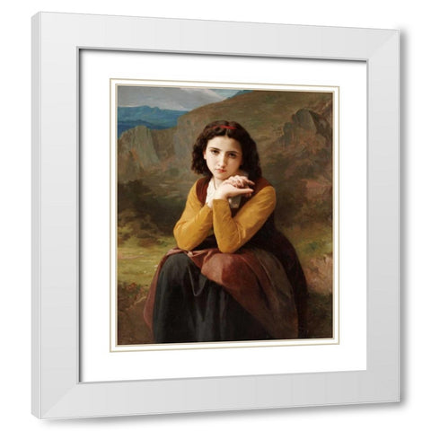 Reflective Beauty. Mignon Pensive White Modern Wood Framed Art Print with Double Matting by Bouguereau, William-Adolphe