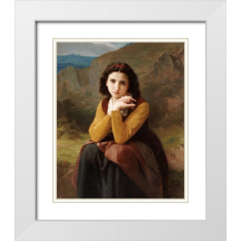 Reflective Beauty. Mignon Pensive White Modern Wood Framed Art Print with Double Matting by Bouguereau, William-Adolphe
