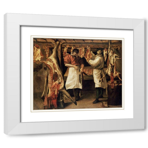 The Butchers Shop White Modern Wood Framed Art Print with Double Matting by Carracci, Annibale