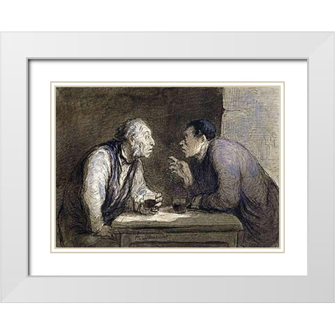 Two Drinkers White Modern Wood Framed Art Print with Double Matting by Daumier, Honore