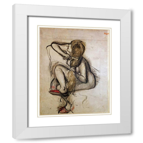 Woman Combing Her Hair White Modern Wood Framed Art Print with Double Matting by Degas, Edgar