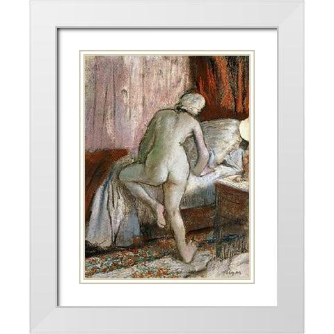 Bedtime White Modern Wood Framed Art Print with Double Matting by Degas, Edgar