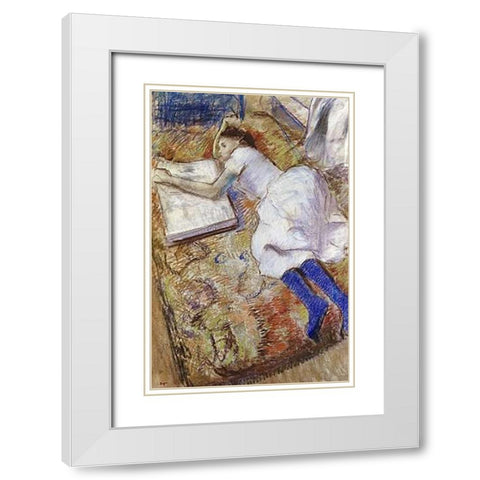 A Young Girl Stretched Out and Looking at An Album White Modern Wood Framed Art Print with Double Matting by Degas, Edgar
