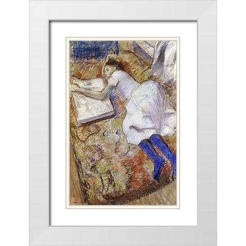 A Young Girl Stretched Out and Looking at An Album White Modern Wood Framed Art Print with Double Matting by Degas, Edgar