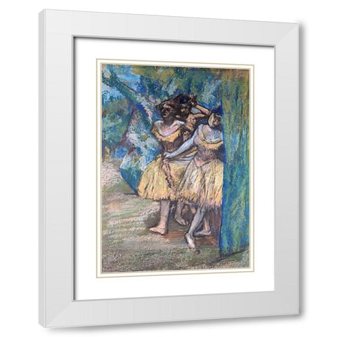 Three Dancers, With a Backdrop of Trees and Rocks White Modern Wood Framed Art Print with Double Matting by Degas, Edgar