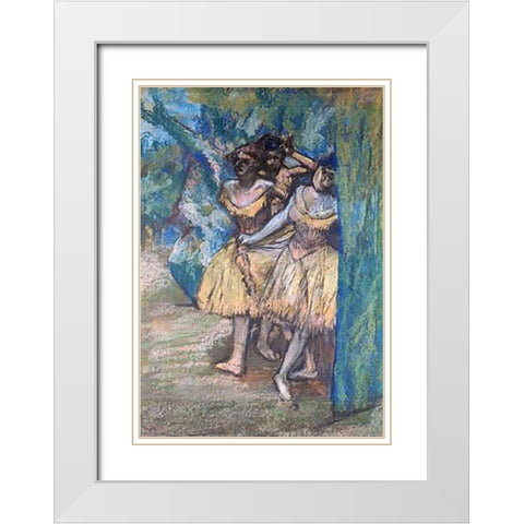 Three Dancers, With a Backdrop of Trees and Rocks White Modern Wood Framed Art Print with Double Matting by Degas, Edgar