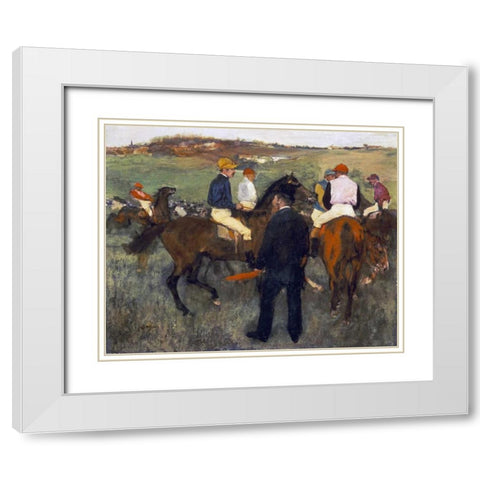 Racehorses - Leaving The Weighing White Modern Wood Framed Art Print with Double Matting by Degas, Edgar