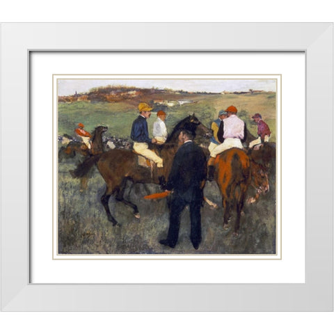 Racehorses - Leaving The Weighing White Modern Wood Framed Art Print with Double Matting by Degas, Edgar