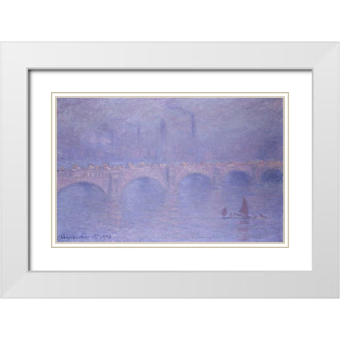 Waterloo Bridge, Misty Sunshine White Modern Wood Framed Art Print with Double Matting by Monet, Claude