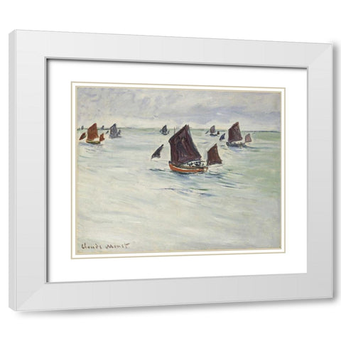 Fishing Boats off Pourville, 1882 White Modern Wood Framed Art Print with Double Matting by Monet, Claude