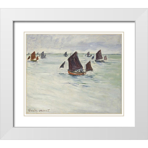 Fishing Boats off Pourville, 1882 White Modern Wood Framed Art Print with Double Matting by Monet, Claude
