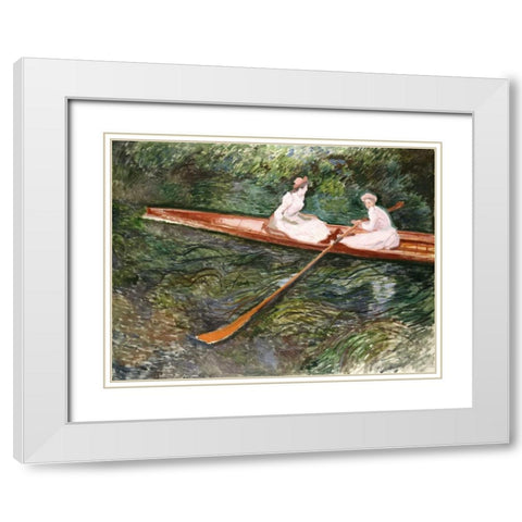 The Pink Rowing Boat White Modern Wood Framed Art Print with Double Matting by Monet, Claude