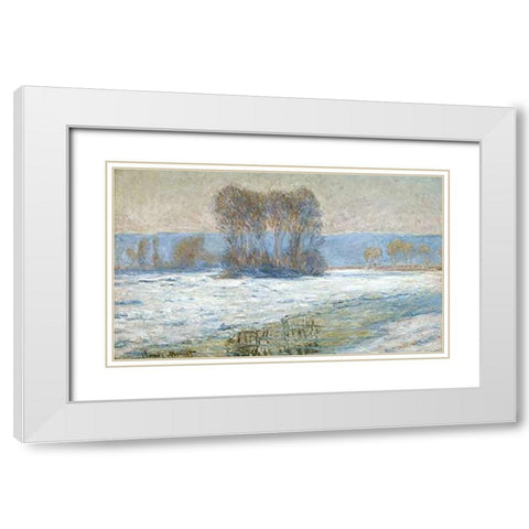 The Seine at Bennecourt, Winter White Modern Wood Framed Art Print with Double Matting by Monet, Claude