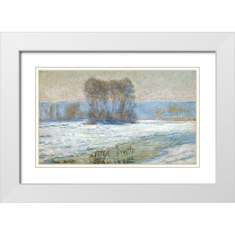 The Seine at Bennecourt, Winter White Modern Wood Framed Art Print with Double Matting by Monet, Claude