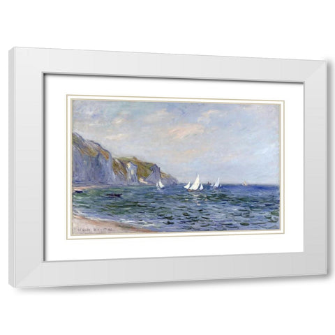 Cliffs and Sailboats at Pourville White Modern Wood Framed Art Print with Double Matting by Monet, Claude