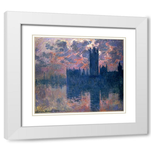 Parliament, Sunset White Modern Wood Framed Art Print with Double Matting by Monet, Claude