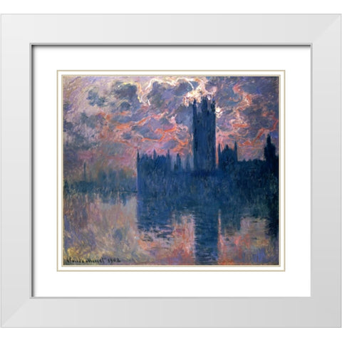 Parliament, Sunset White Modern Wood Framed Art Print with Double Matting by Monet, Claude