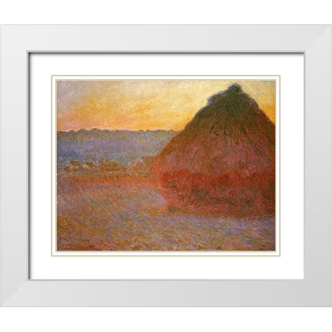 Haystacks, Pink and Blue Impressions White Modern Wood Framed Art Print with Double Matting by Monet, Claude
