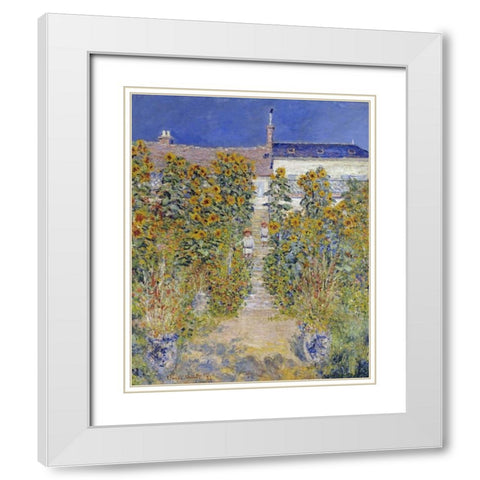 The Artists Garden at Vetheuil White Modern Wood Framed Art Print with Double Matting by Monet, Claude