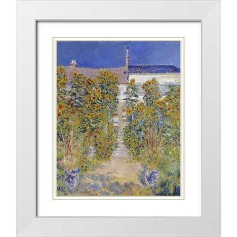 The Artists Garden at Vetheuil White Modern Wood Framed Art Print with Double Matting by Monet, Claude