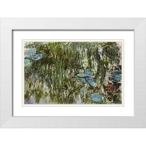 Water Lilies, Reflected Willow White Modern Wood Framed Art Print with Double Matting by Monet, Claude