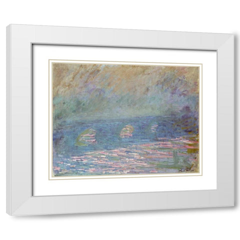 Waterloo Bridge White Modern Wood Framed Art Print with Double Matting by Monet, Claude