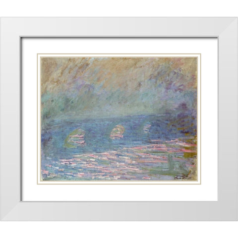 Waterloo Bridge White Modern Wood Framed Art Print with Double Matting by Monet, Claude