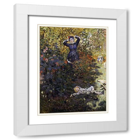 Camille and Jean in the Garden at Argenteuil White Modern Wood Framed Art Print with Double Matting by Monet, Claude