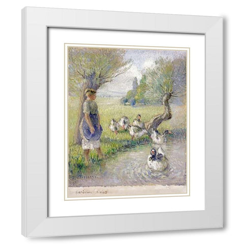 The Goose Girl White Modern Wood Framed Art Print with Double Matting by Pissarro, Camille