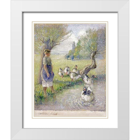 The Goose Girl White Modern Wood Framed Art Print with Double Matting by Pissarro, Camille