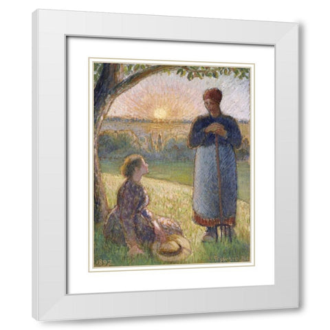 Country Women Chatting, Sunset, Eragny White Modern Wood Framed Art Print with Double Matting by Pissarro, Camille