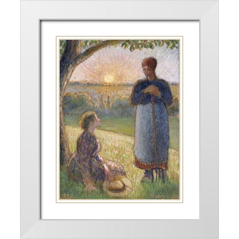 Country Women Chatting, Sunset, Eragny White Modern Wood Framed Art Print with Double Matting by Pissarro, Camille