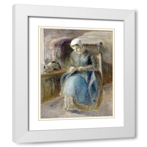 Woman Sewing White Modern Wood Framed Art Print with Double Matting by Pissarro, Camille