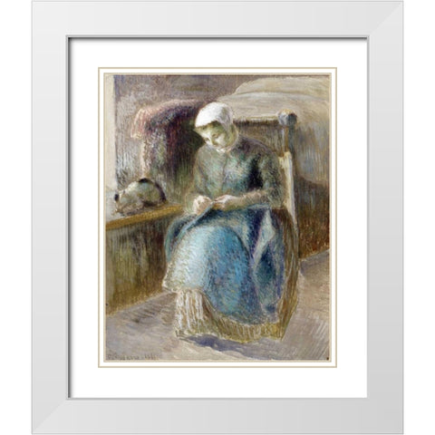 Woman Sewing White Modern Wood Framed Art Print with Double Matting by Pissarro, Camille