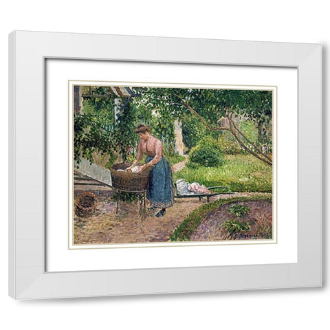 Washerwoman at Eragny White Modern Wood Framed Art Print with Double Matting by Pissarro, Camille