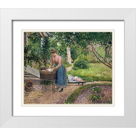 Washerwoman at Eragny White Modern Wood Framed Art Print with Double Matting by Pissarro, Camille