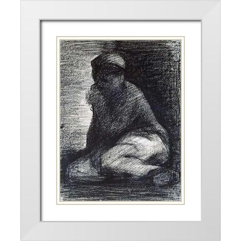 A Young Man Crouching White Modern Wood Framed Art Print with Double Matting by Seurat, Georges