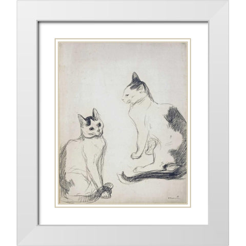 The Two Cats White Modern Wood Framed Art Print with Double Matting by Steinlen, Theophile