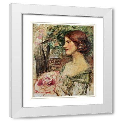 Portrait of a Lady In a Green Dress White Modern Wood Framed Art Print with Double Matting by Waterhouse, John William