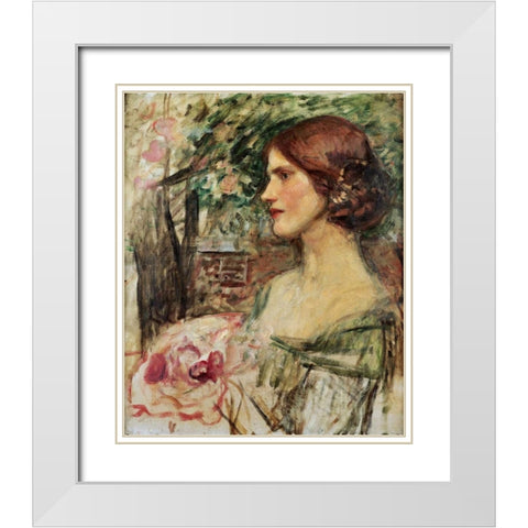 Portrait of a Lady In a Green Dress White Modern Wood Framed Art Print with Double Matting by Waterhouse, John William
