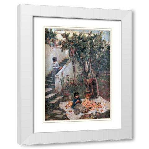 The Orange Gatherers White Modern Wood Framed Art Print with Double Matting by Waterhouse, John William